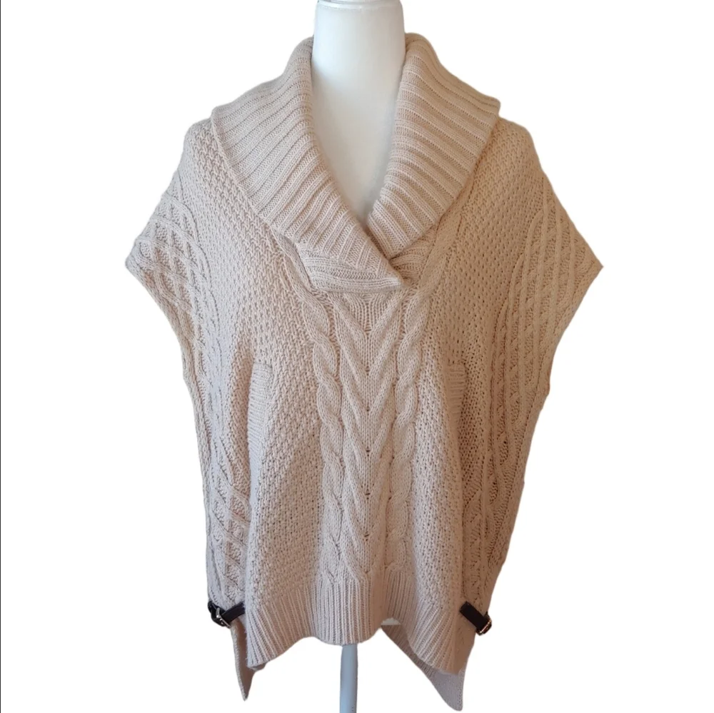 Saks Fifth Ave Wool Blend Cream Cable Knit Cowl Sweater with Side Belts Small - Picture 16 of 16